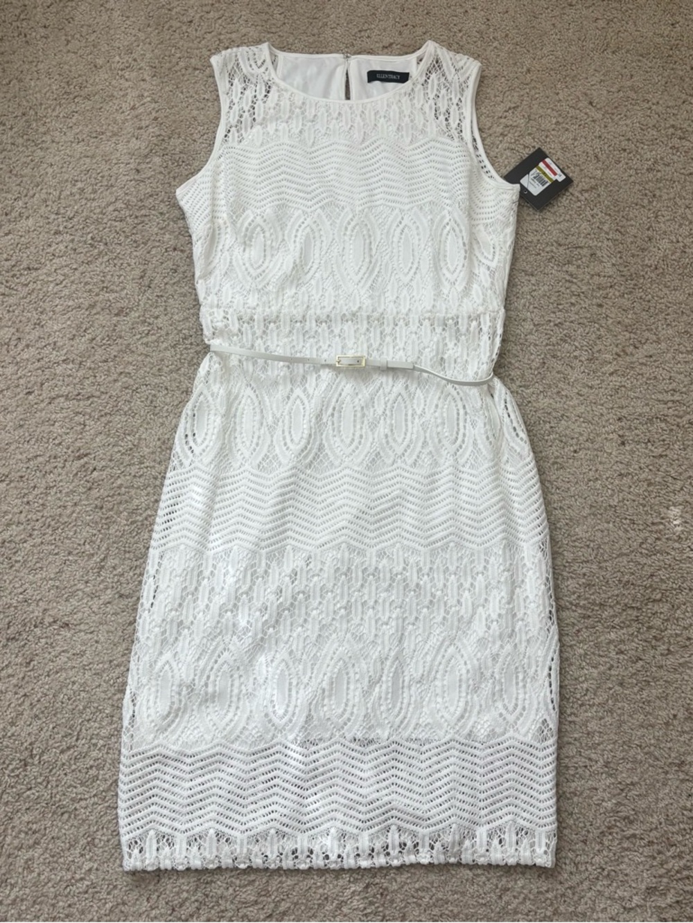 Ellen Tracy White Lace Sleeveless Midi Dress with Slim Belt